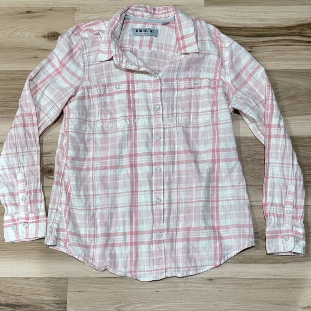 Ridgecut Toughwear Heritage Plaid Button Up Shirt Pink White Women’s Large